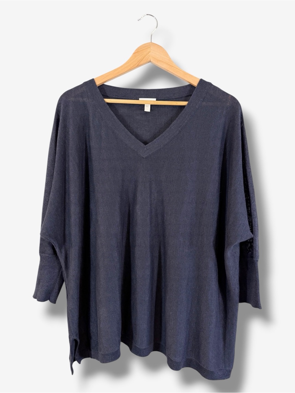 Garnet Hill Navy Linen Oversized V-Neck Sweater Size L Minimalist Lagenlook